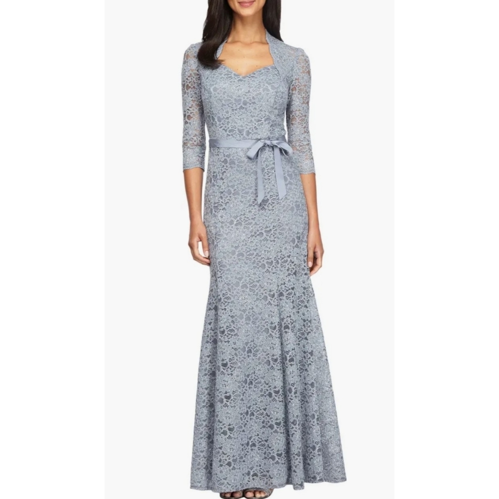 Alex Evenings | Metallic Lace Fit & Flare Gown in Grey Size 8